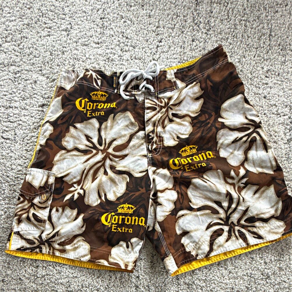 Corona Extra Men's Floral Hawaiian Board Shorts Brown/White/Yellow XL/36 Pockets